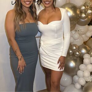 Club L London White Long-Sleeve Sweetheart Ruched Mini Dress